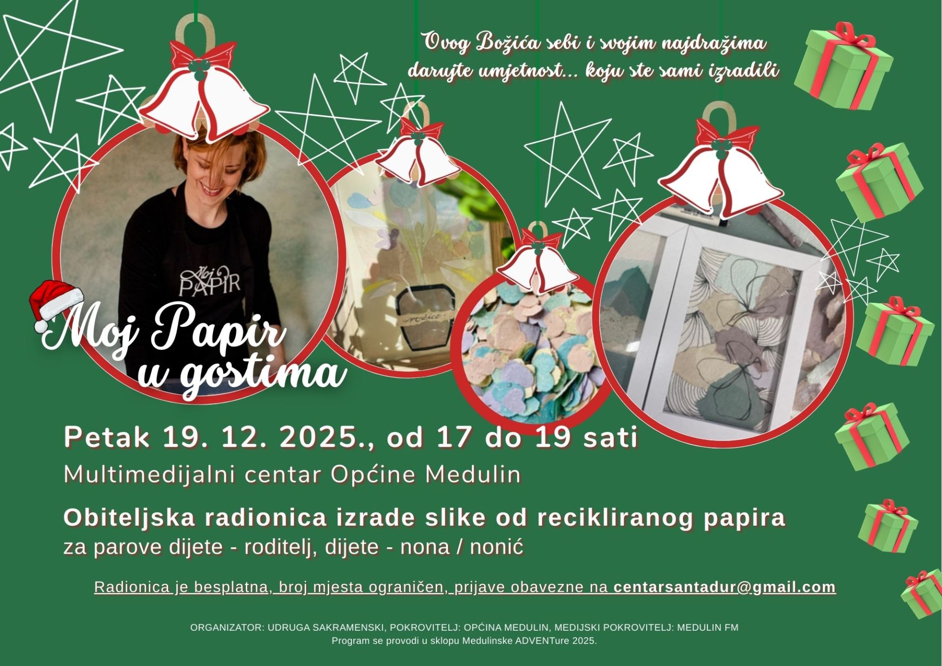 Ovog petka, 19. prosinca 2025., u Medulinu „Obiteljska radionica izrade slike od recikliranog papira“ uz Anu Cvitić – Moj papir